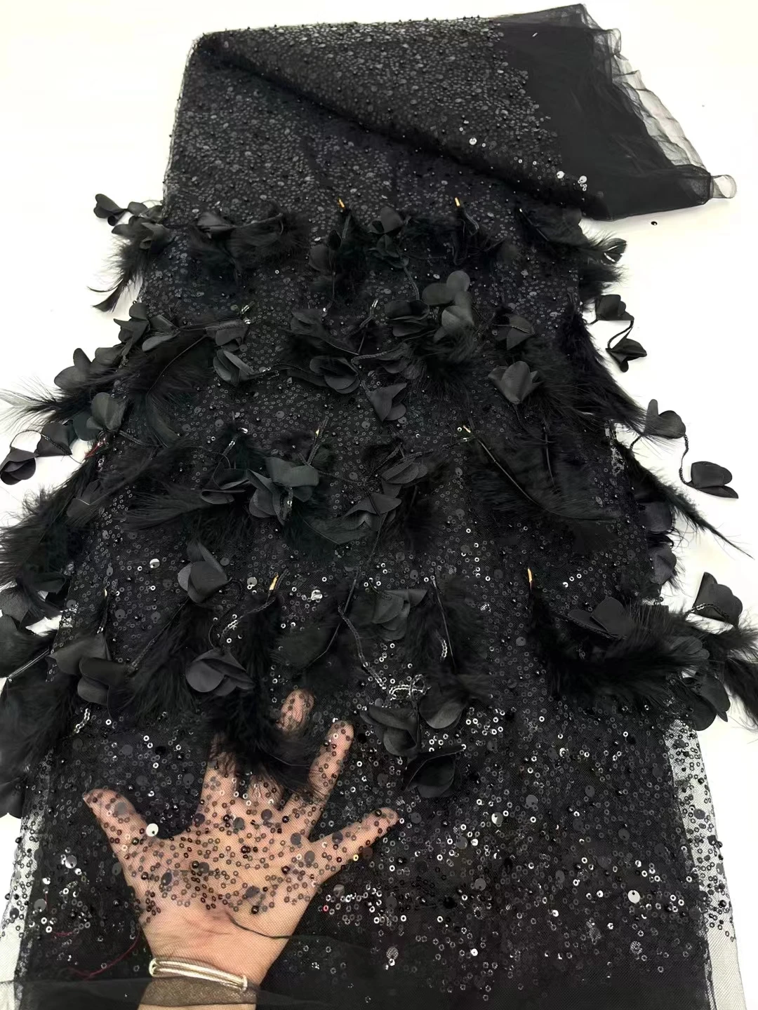 

Новая французская Тюлевая Ткань 3D с вышивкой в виде перьев, роскошная Милая ткань с блестками для свадебного платья, 5 ярдов