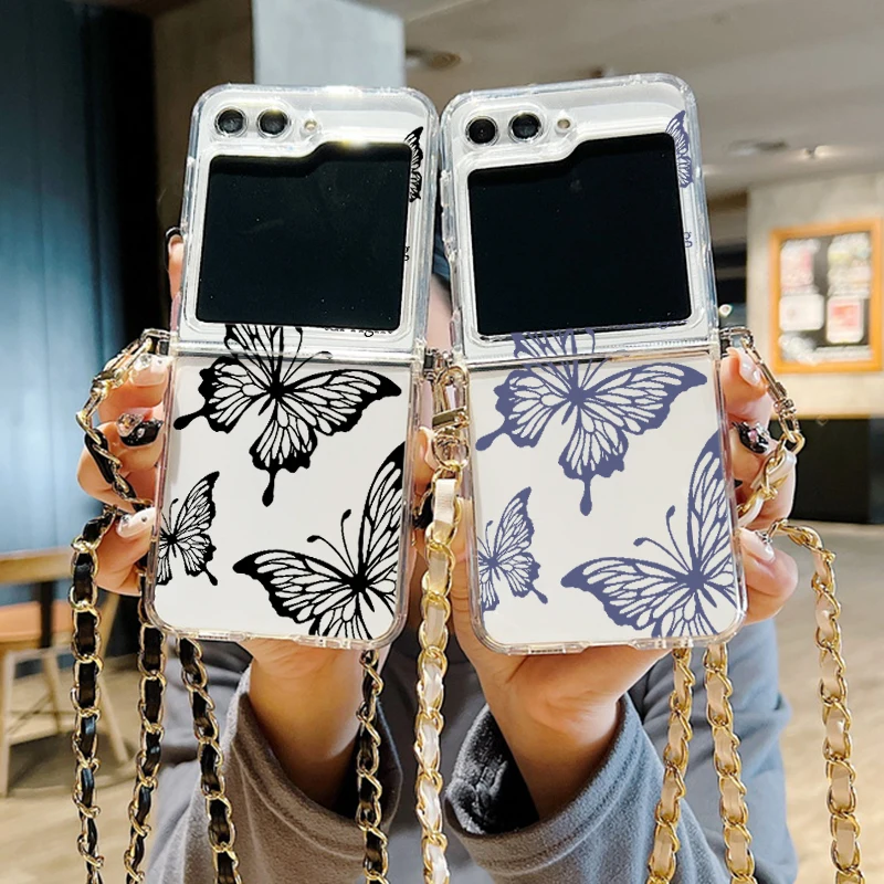 Custodia con cordino in metallo con stampa a farfalla per Samsung Galaxy Z Flip 6 5 4 3 5G Custodia trasparente pieghevole in silicone TPU per Samsung Z Flip5_voghion.com