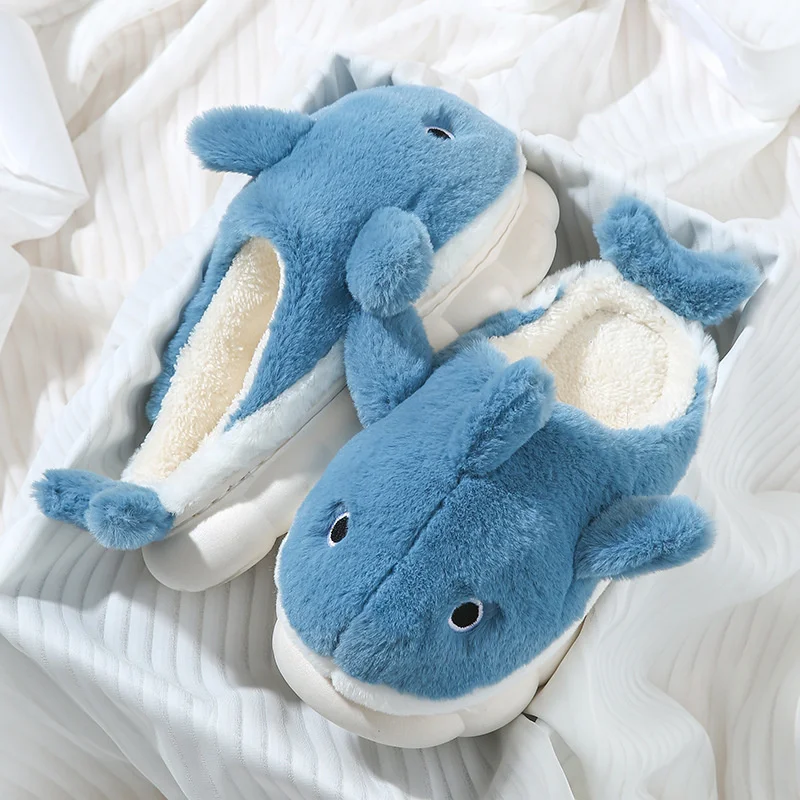 Cute Whale Cotton Home Slippers For Female 2023 Winter Couple Indoor Household  Shark Thick Sole Men's Winter Cartoon Slippers