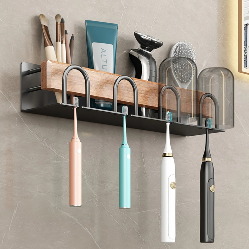No-Punch Wood Bathroom Toothbrush Holder Tooth Cup Holder Bathroom Mouthwash Cup Holder Toothpaste Toothbrush shelf organizer 4