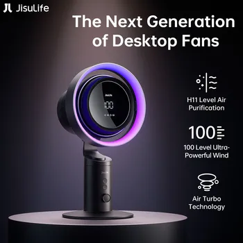 JISULIFE Ventilatore da tavolo Purificatore d'aria e luce RGB Turbo Oscillante Ventilatore H11 Filtro HEPA 100 velocità del vento Batteria da 10000 mAh Ventilatore da tavolo 1