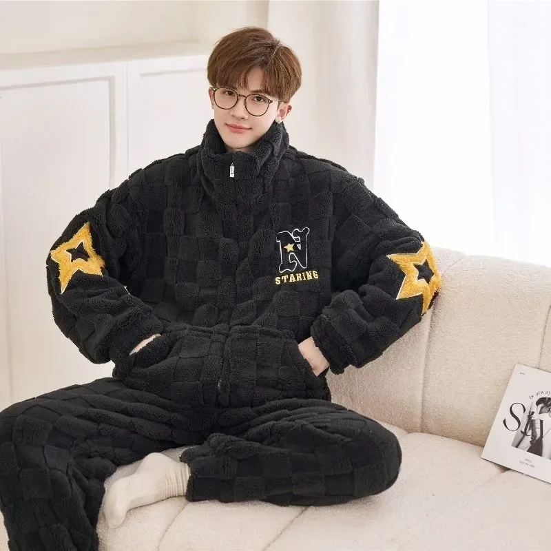 Men Flannel Pajamas Autumn Winter Zipper Sleepwear Warm Winter Plus Velvet Loungwear Padded Coral Velvet Homewear Suit