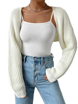 Women's Open Front Cropped Ribbed Knit Shrug Sweater