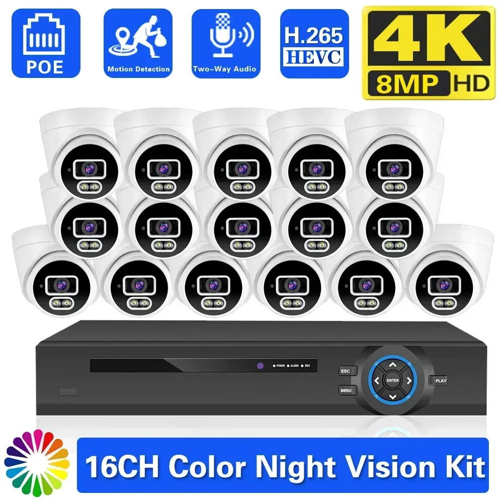 4K POE Security Camera System 16CH NVR Kit 8MP Dome Camera Ai Human Detect Outdoor 8MP Two Way Audio 8CH Video Surveillance Set