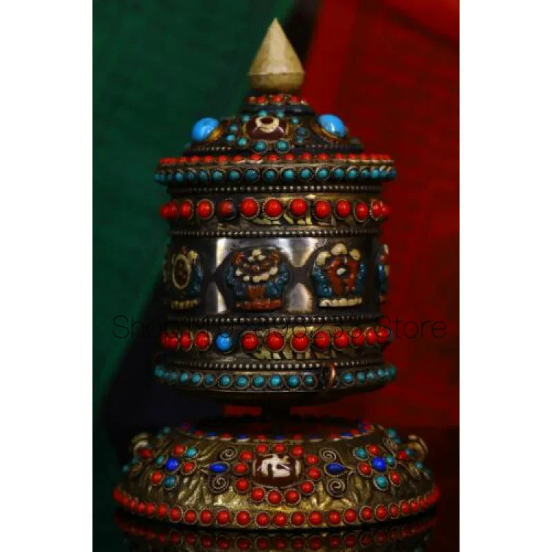 

16cm Tibetan Buddhism Brass Warp Yarn Wheel Inlaid Gemstone Bronze Prayer Wheel
