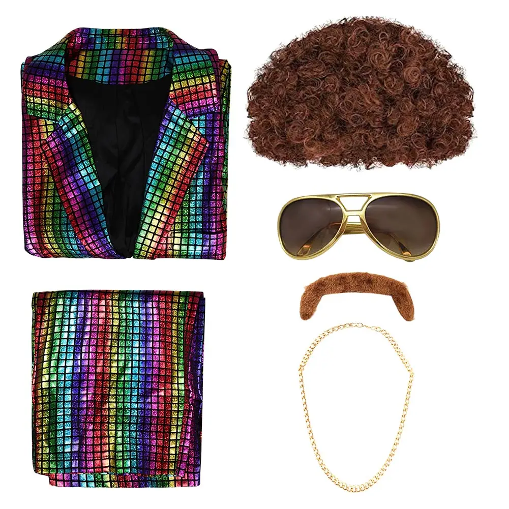 Men 70s Disco Cosplay Outfit Halloween Retro Party Stage Night Club Cloth Adult 60s 70s Male Hippie Fantasia Roleplay Costume