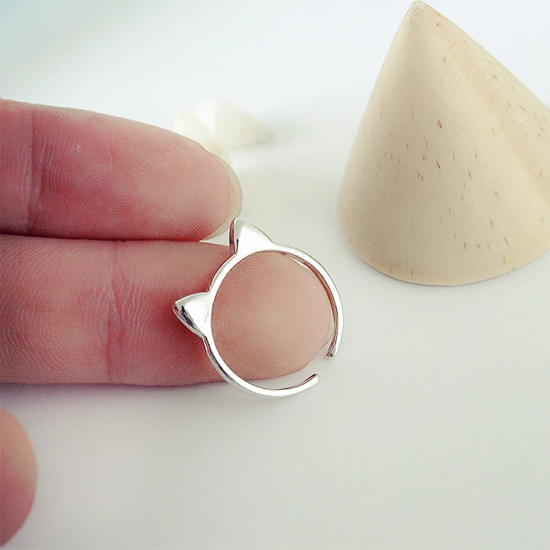 Sole Memory Cute Cat Ear 925 Sterling Silver Literary Creative Personality Female Resizable Opening Rings RI095 4