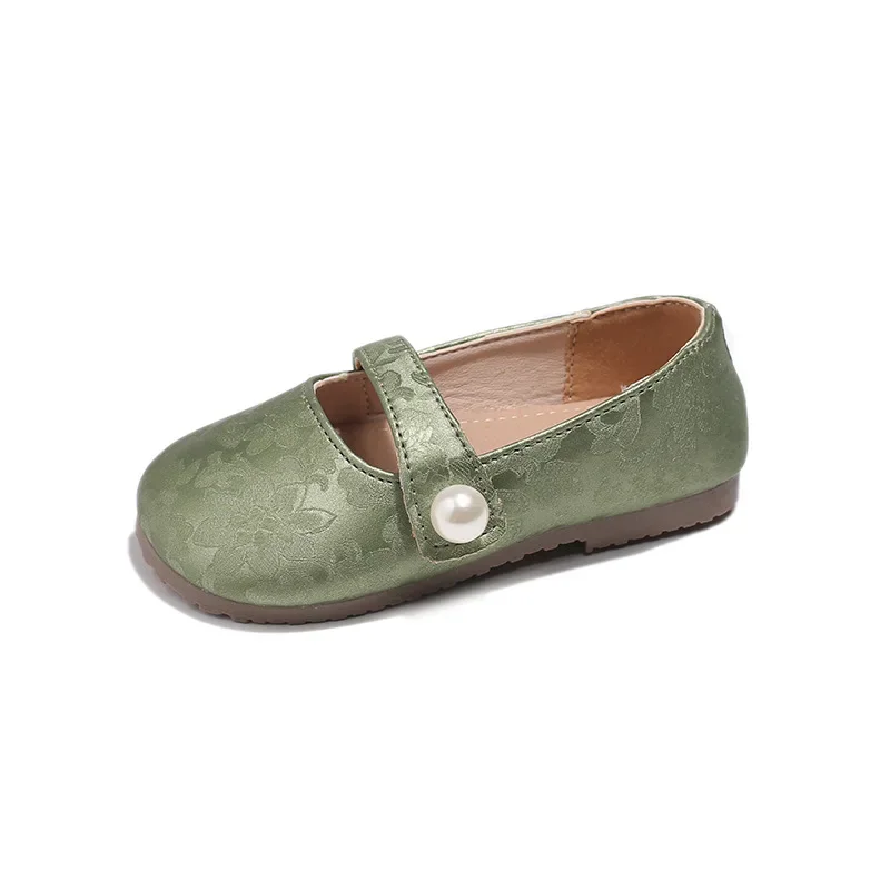 New Girls Embossed Flower Small Leather Shoes Little Kids Baby Princess Shoes Autumn Models Beige Green Silver Girl H07295