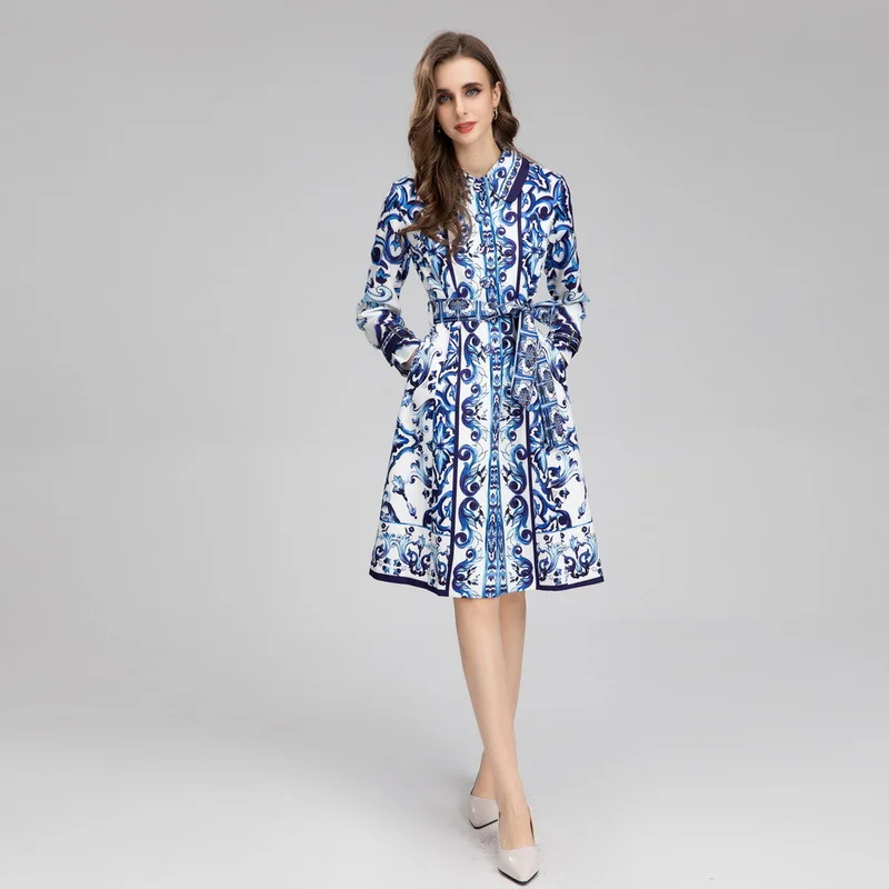 Restoring Ancient Ways Blue and White Porcelain Printed  Women's Dress style Coat 220928YX01
