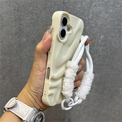 Pleated Water Ripple Soft Silicone Phone Case with Semi - Plush Bracelet Lanyard and Frosted Cover - iPhone 12 Pro (Rice White)