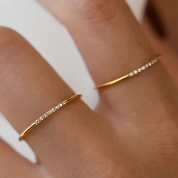 Vintage 18K Gold Plated Stainless Steel Diamond Thin Ring for Women Fashion Jewelry Party Gifts 1