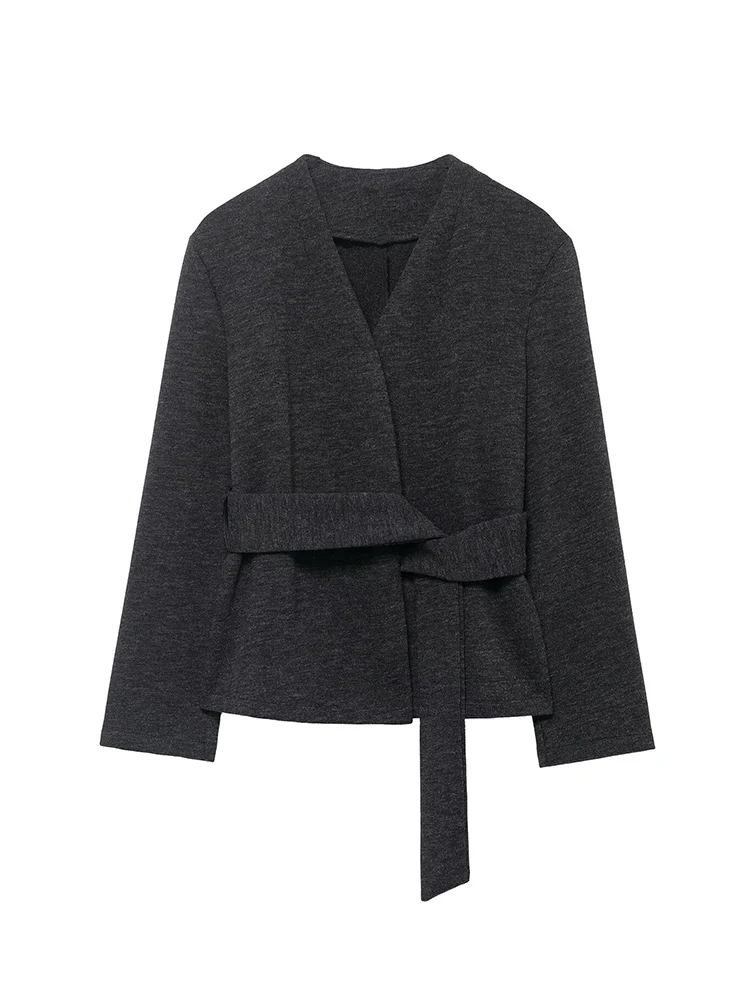 Women Chic Jacket Coat V Neck Long Sleeve Sashes Solid Color Fashion 2025 Fall Winter Office Lady Casual Simple Style Short Coat