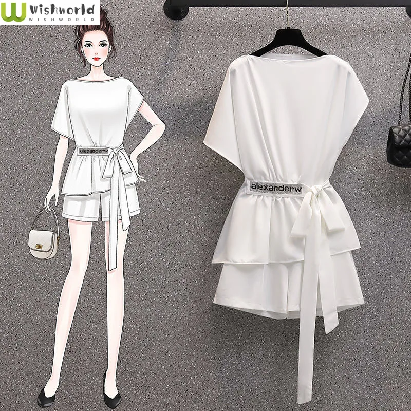 2022 Korean Version Large Summer Clothes Fashion New Fat Sister Chiffon Chic Top Thin Shorts Two-piece Women's Suit