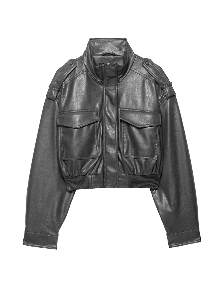 2025 Women's Faux Leather Effect Short Jacket Vintage Stand Collar Long Sleeve With Shoulder Straps Pockets Casual Streetwear
