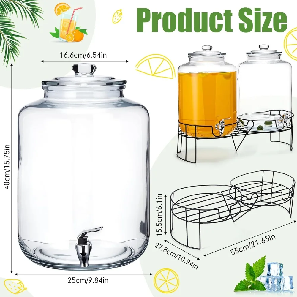 2 pack 4 gallon glass beverage dispenser with stand and spigot leakproof glass drink beverage storage for parties mason jar dis