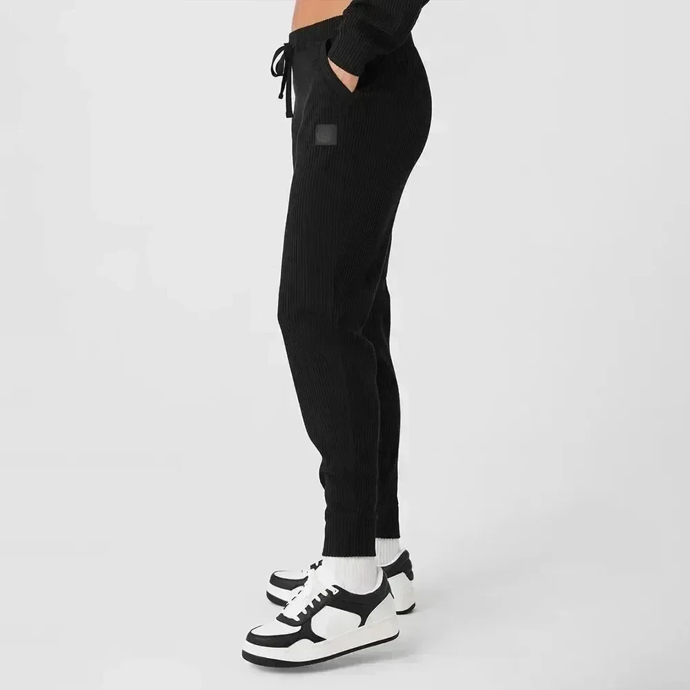 AL Black Yoga Set Muse Hoodie Muse Sweatpant Loose Comfortable Short Hooded Sweatshirt Women's Threaded Split Jogger Style Set 5