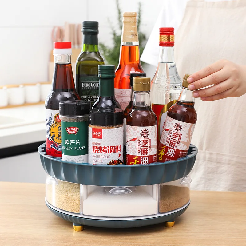 

Household Kitchen Rotating Seasoning Box Double Layer Spice Salt Jars Tray Kitchen Space Saving Organizer Shelf Storage Rack