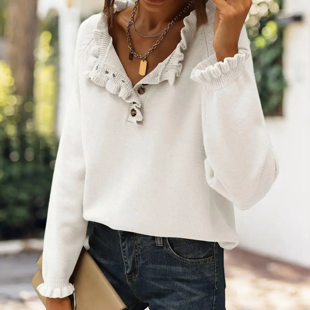 

Breathable Knit Sweater Comfortable Long-sleeve Pullover Tops Women's Autumn Winter Knit Sweater with Ruffle Trim Long for Women