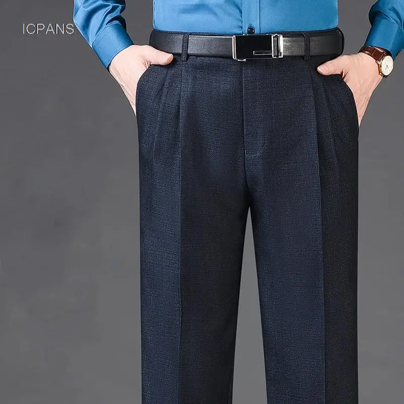 Double Pleated Mens suit pants Loose Fitting High Waist Trousers for Male Casual Business Formal Dress Pants Thick Autumn Winter