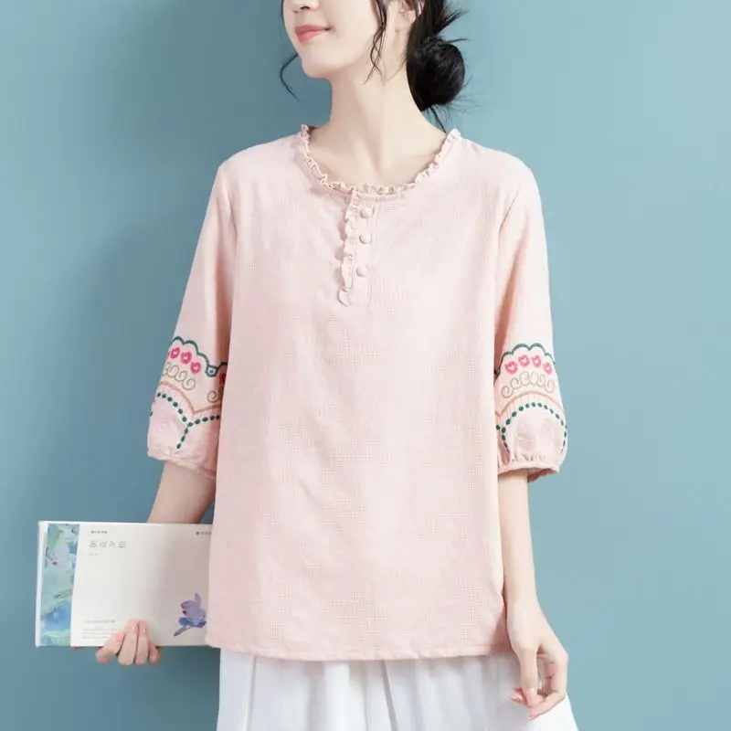 Summer Edible Tree Fungus Round Neck Half Sleeve Shirt Women High Street Pure Cotton Embroidered Pullovers Button All-match Tops