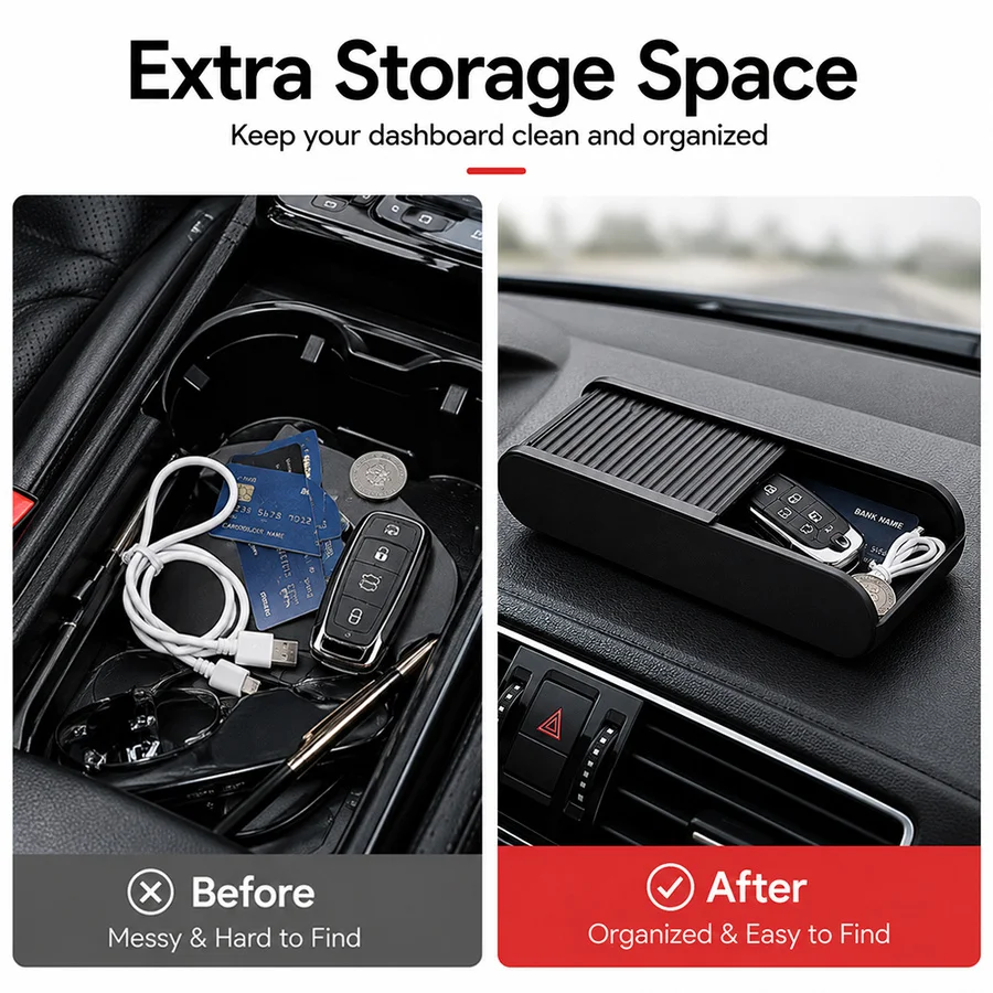 Scatola portaoggetti per console centrale auto con coperchio scorrevole, organizer per cruscotto per occhiali, monete, carte e chiavi - immagine 2