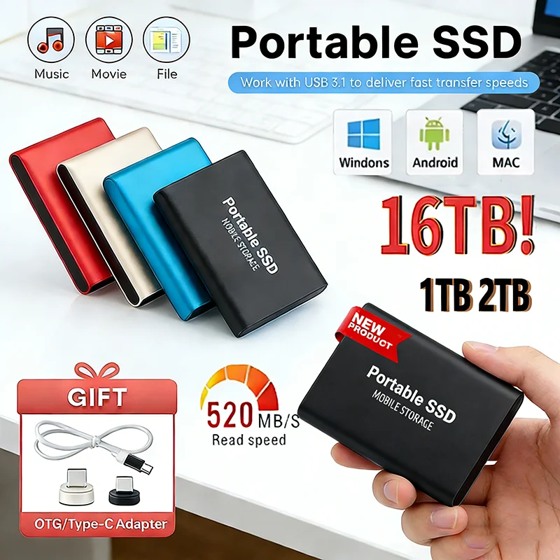 Disque SSD portable efficace 1 To, disque dur externe haute performance, durable, 16 To, USB 3.1, pour ordinateur de bureau, Mac, téléphone