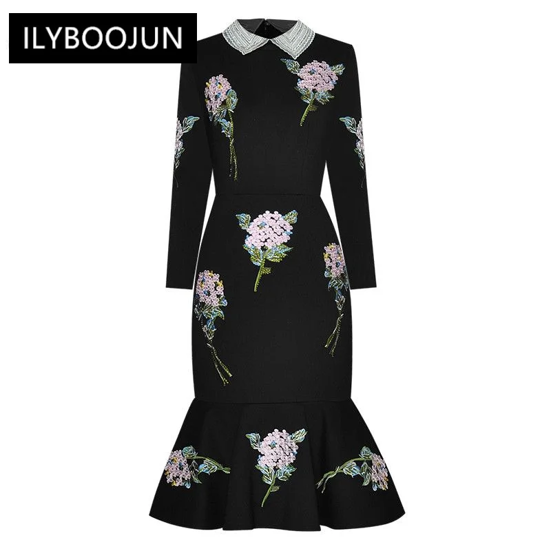 

Autumn Women Dress Beaded turn-down collar Rose Embroidery Hot drilling Black Slim Package hip Elegant Mermaid Dresses For Women