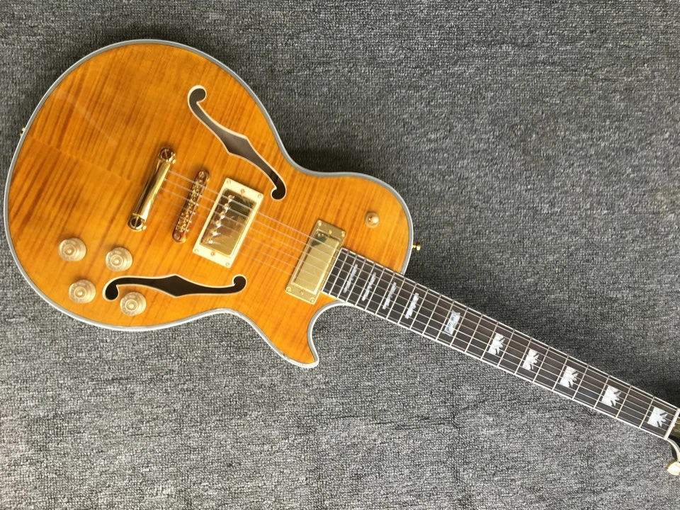 

High quality jazz guitar, natural 335 maple body with gold hardware and yellow electric guitar ebony fingerboard jazz guitar