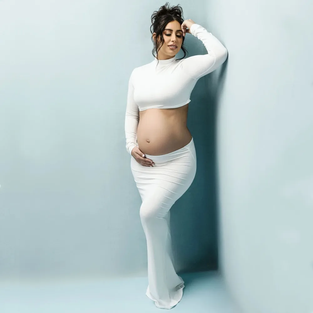 2 em 1 vestido de maternidade para mulheres grávidas, top de manga comprida, tecido elástico, slim fit, para sessão de fotos