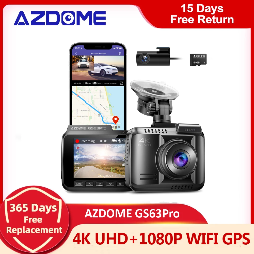 Wifi Gps Azdome Dash Cam Gs Pro AZDOME GS63Pro 4K Dash Cam