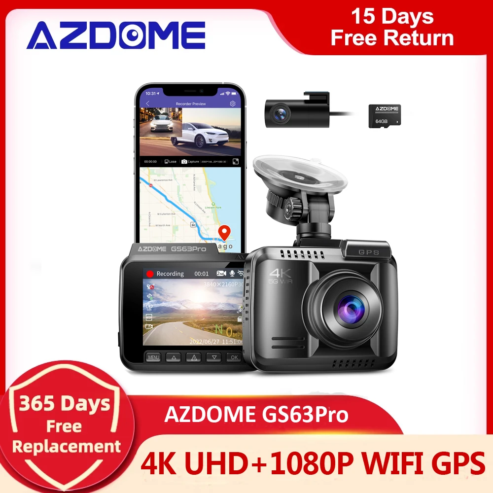 Azdome Gs63pro 4k Uhd Dash Cam 1080p Rear Camera Builtin Gps 5.8ghz