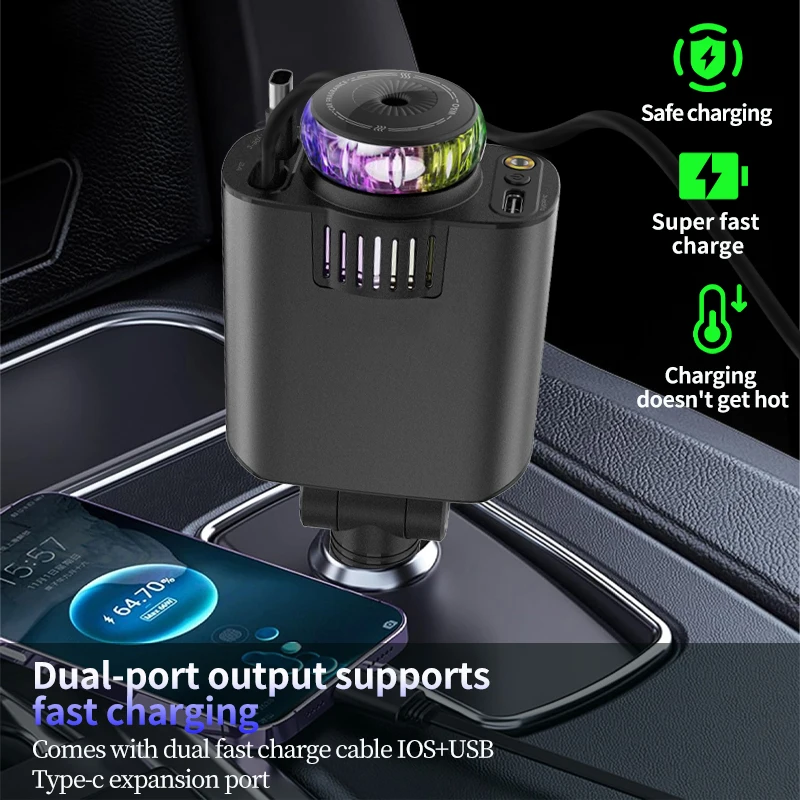Retractable Car Charger With Aromatherapy And Starlight 5-in-1 USBC Car Charger Adapter 69W Fast Charging Cell Phone