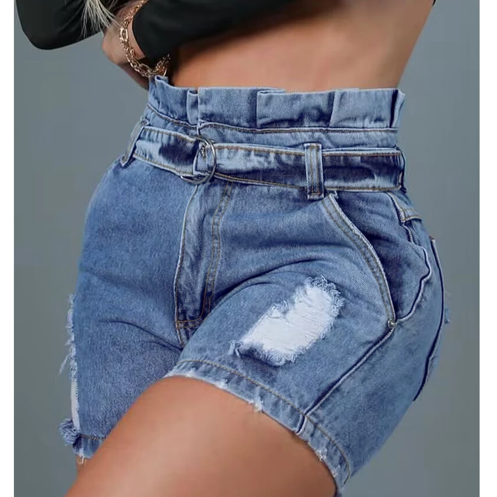 

Wepbel Ripped Tight Denim Shorts summer Paper Bag Waist Ruffled Short Jeans Stitching Lace-up Ripped Belted Denim Shorts