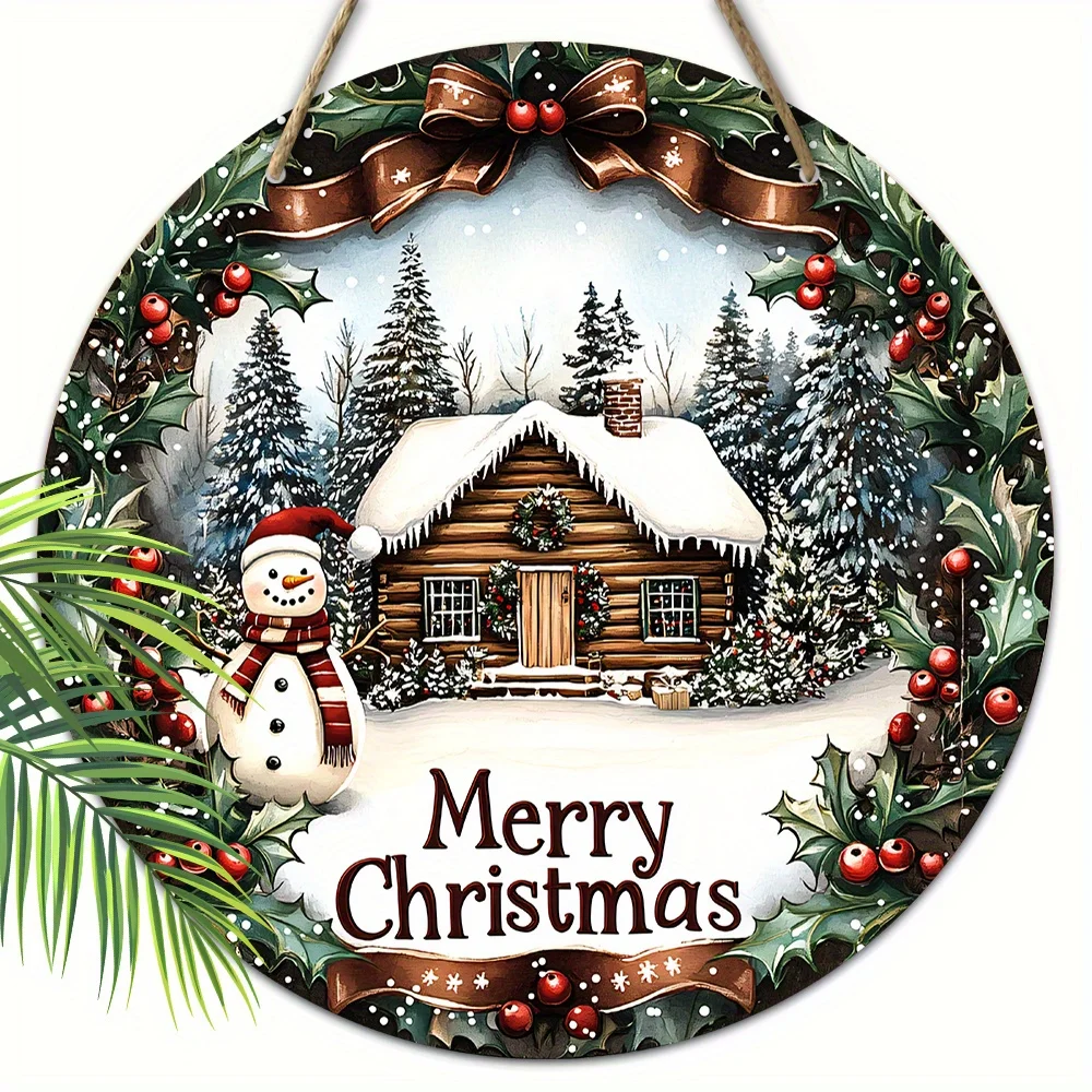 Frohe Weihnachten Schneereicher Dschungel Schneeflocke Schneemann Winterhaus Retro-Stil Weihnachten Holz Veranda Kranz Hängender Druck Schild 1 Stück – Detail 5