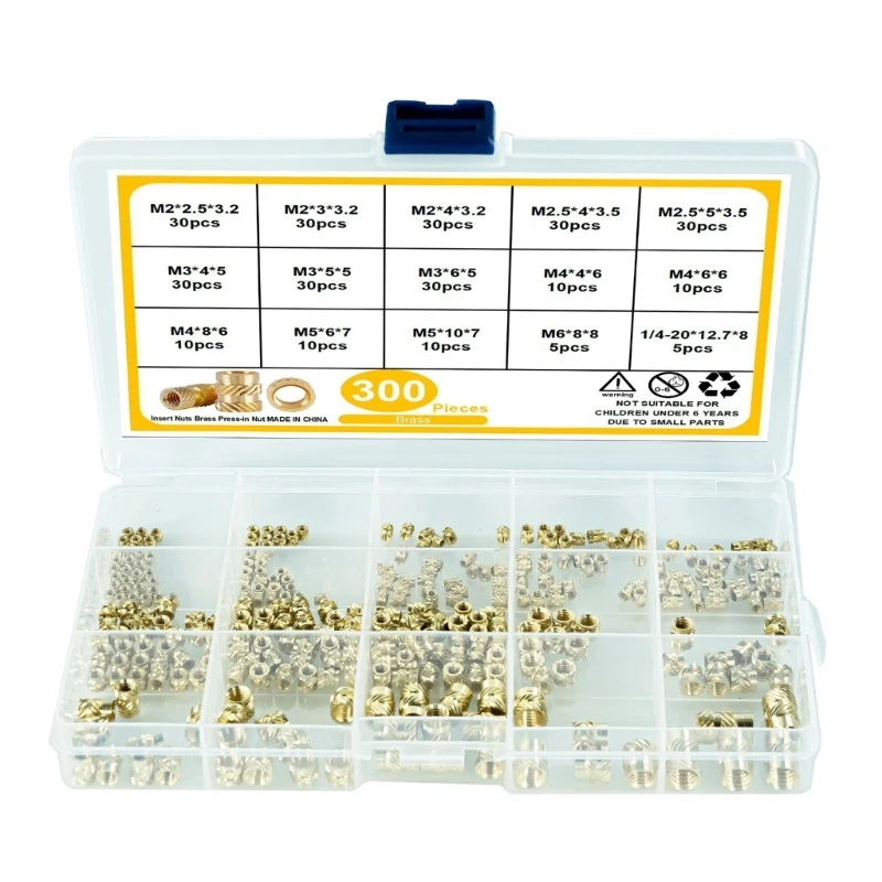 

300 Pcs 2/2.5/3/4/5/6mm Knurled Female Thread Inserts Brass Embedding P15F