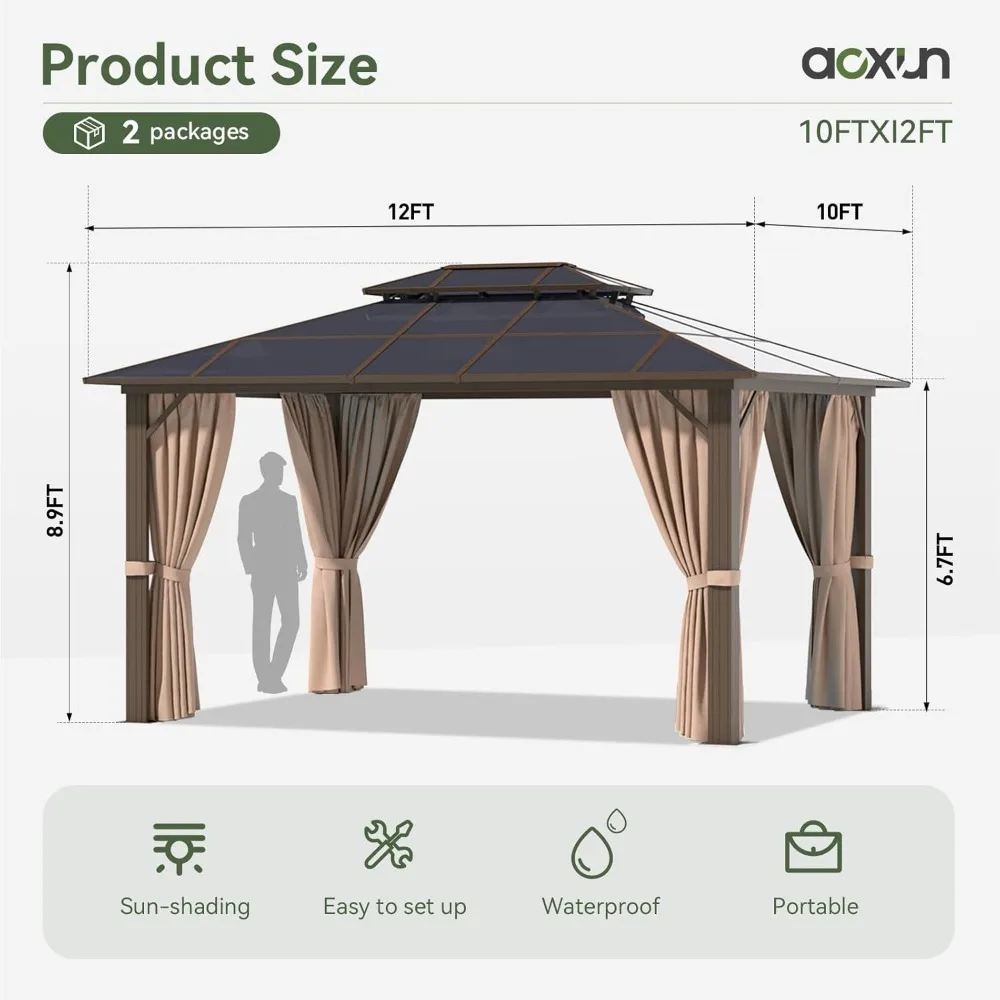 Aluminum Frame Permanent Pavilion with Curtains and Netting, Outdoor Polycarbonate Gazebo, Double Roof Canopy, Garden Sofas 4