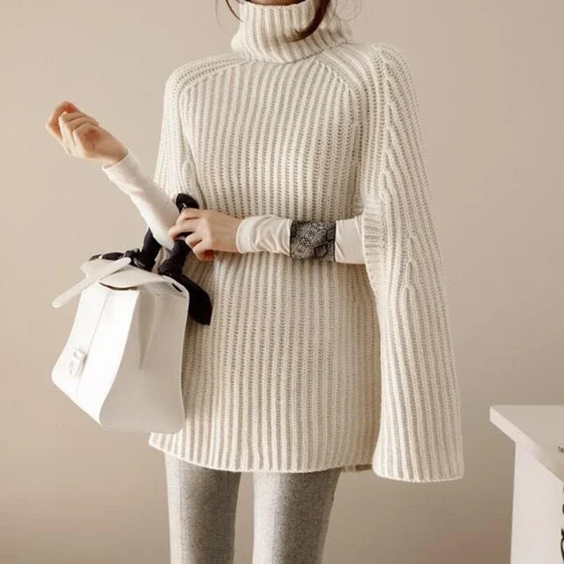 

Oversize Batwing Knitted Tops Loose Sweater Autumn Winter Fashion Women Cloak Poncho Female Sexy Turtleneck Sweaters Khaki 2022