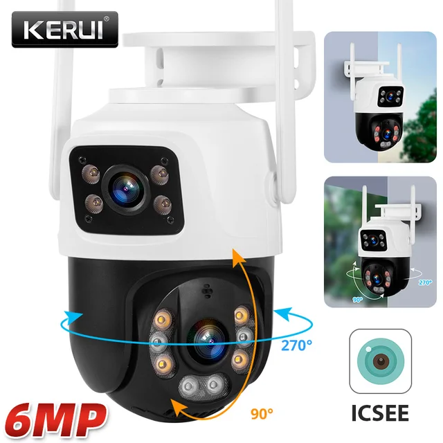 KERUI 6MP WIFI IP Camera Outdoor PTZ Dual Lens Dual Screen Auto Tracking Waterproof Security Surveillance Police Light Alarm 1