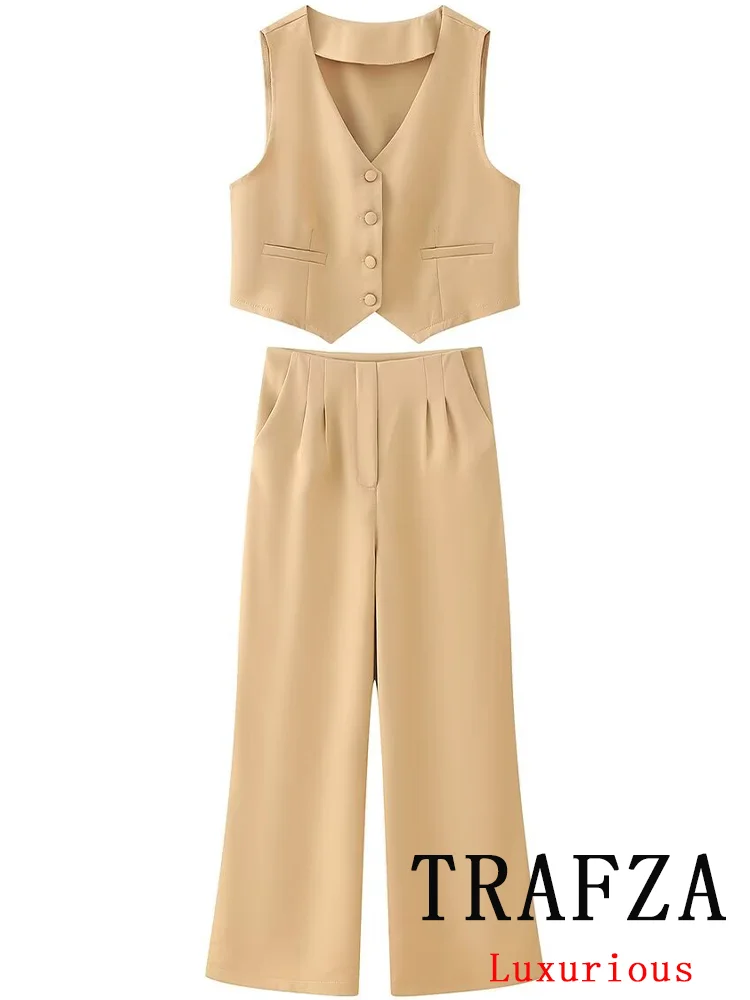 

Женский офисный костюм TRAFZA, однотонный винтажный однобортный жилет с V-образным вырезом и прямые свободные брюки, весна 2024