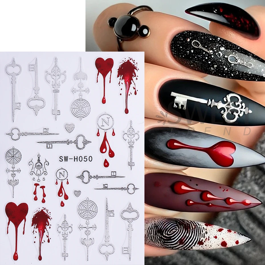 2pcs Gothic Nail Art Stickers Metallic Silver Key Love Blood Droplet Design Self-Adhesive Nail Decals DIY Manicure Decoration