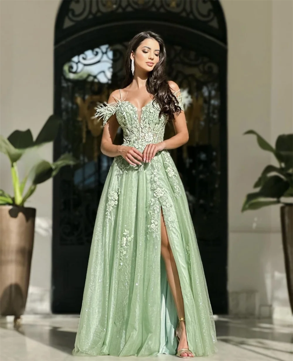 Green Flash Prom Dress Feather Applique Side Slit Evening Dresses Party Dresses | eBay Green Flash Prom Dress Feather Applique Side Slit Evening Dresses Party Dresses | eBay