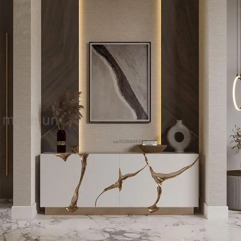 Luxury Metal Sideboard Villa Stainless Steel Porch Table Glossy Living Room Floor Storage Cabinet Post-Modern