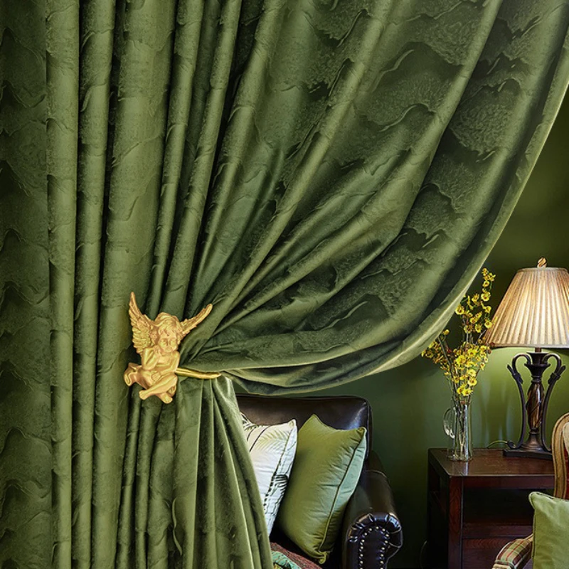 French Light Luxury Green Landscape Blackout Embossed Velvet Curtains for Living Dining room Bedroom Finished Product