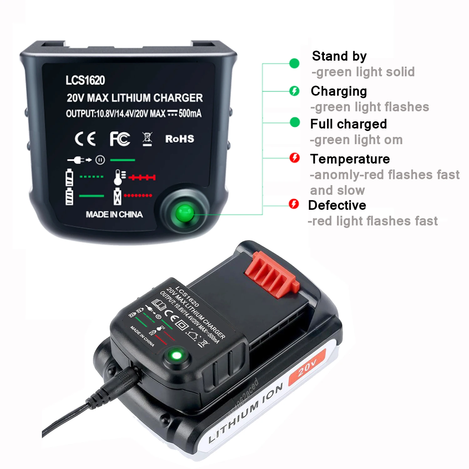For Black&Decker Li ion Battery Charger 10.8V 14.4V 20V Tool Battery