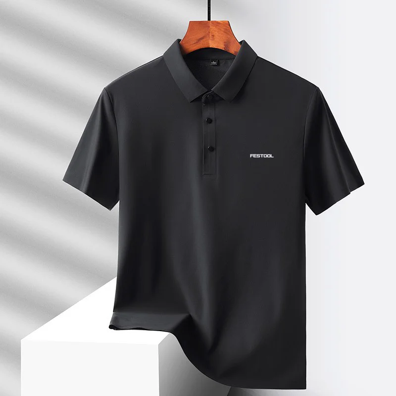 Polo stampata alla moda a maniche corte in seta ghiaccio, comoda maglietta da uomo estiva casual traspirante a tinta unita con risvolto - immagine 5