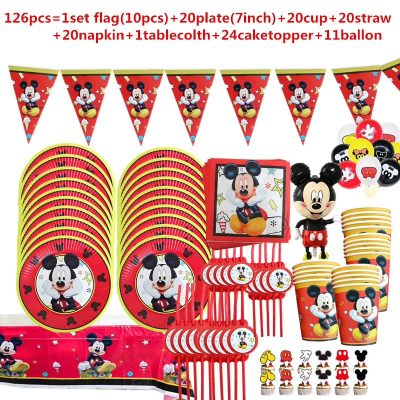 1Set Red Mickey Mouse Theme Disposable Paper Cups Plates Flexible Straws Baby Shower Kid Birthday Napkin Decoration Supplies 