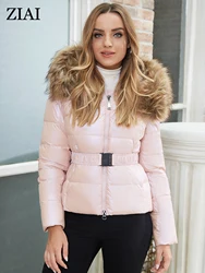 ZIAI 2022 Women's Winter Down Jacket Natural Fur Collar Women Coats Short Fashion Belt Thick Warm Parka Female Outwear ZR-7267