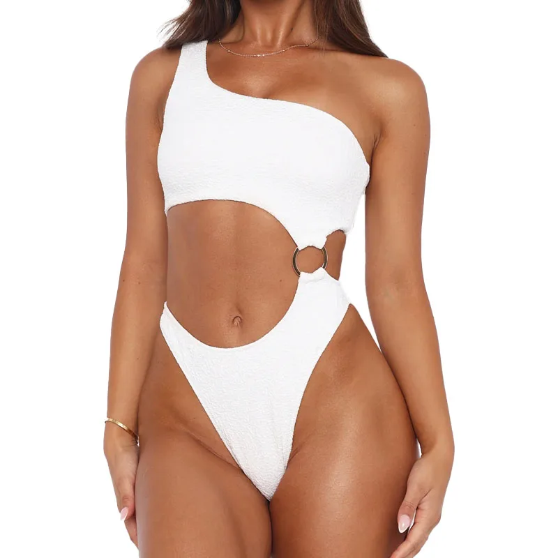 New summer swimsuit European and American solid color one-piece swimsuit female waist single shoulder strap ins style swimsuit