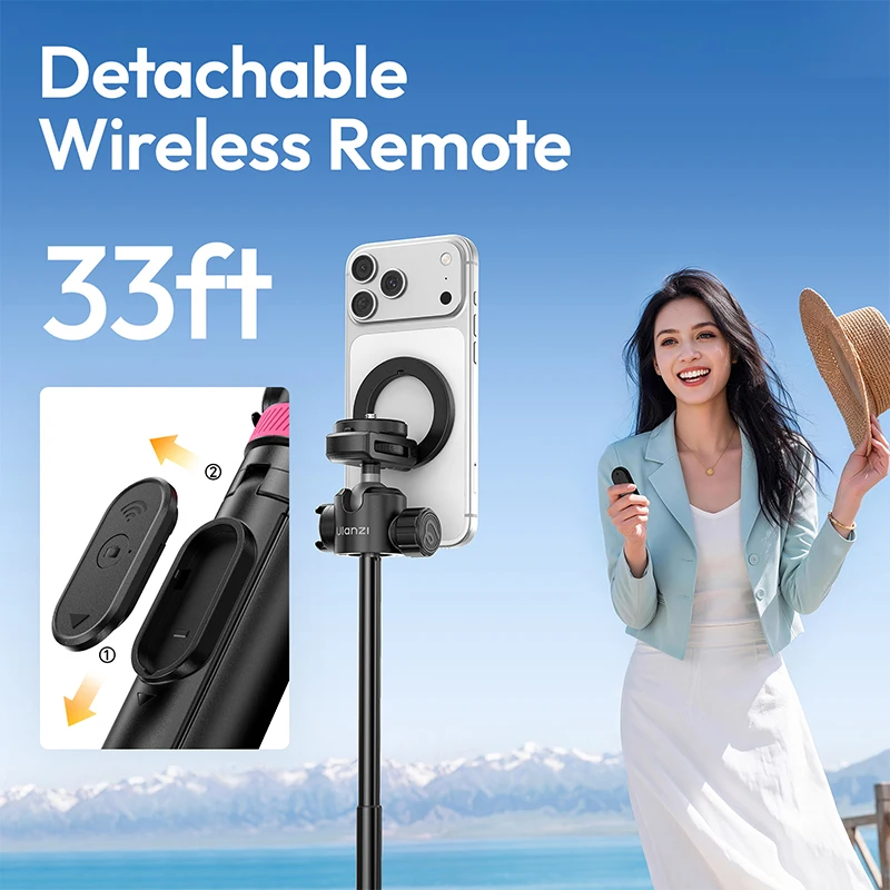 울란지 MT-44M 2-in-1 마그네틱 & 1/4인치 셀카봉 삼각대 (휴대폰/카메라용, 라이브 스트리밍 360도 지원) °   볼헤드 아웃도어 여행 브이로그