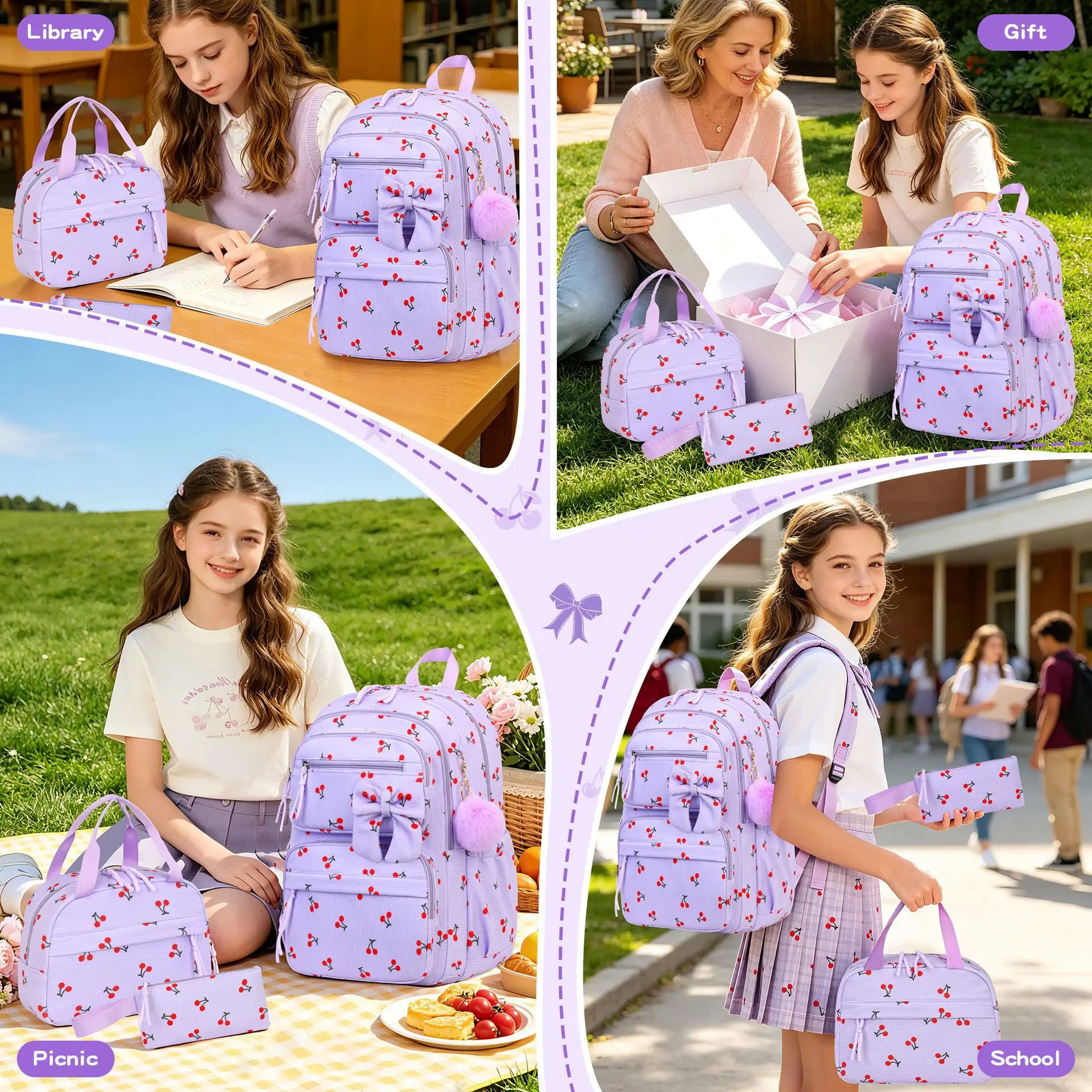 2026 High end Corduroy Material 3-Piece School Bag Set for Teenage Girls Fashion bow patchwork women's backpack Cute schoolbags 3